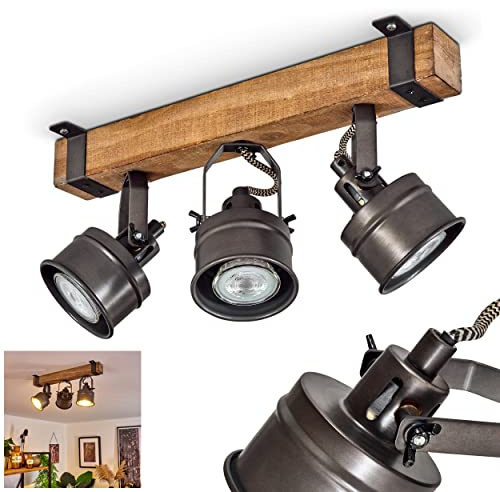 HOFSTEIN Deckenleuchte Pehefito, verstellbare Deckenlampe aus Metall/Holz in Schwarz/Braun, Leuchte im Industrial/Retro/Vintage-Design mit Holzbalken, 3 x GU10, Wohnzimmer, Esszimmer, Schlafzimmer
