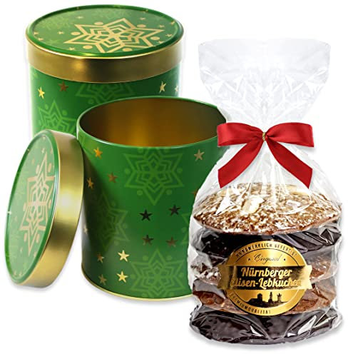 Lebkuchendose Grün gefüllt - 5 Elisenlebkuchen gemischt 400g - Keksdose Geschenkdose Weihnachtsdose Geschenke für Weihnachten Lebkuchen aus Nürnberg Lebkuchenwelt
