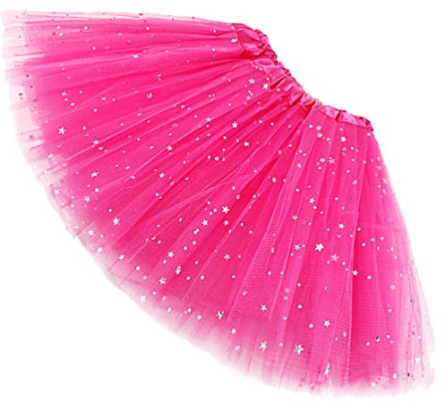Ugitopi Womens Adult Sparkle Elastic 4 Layered Tulle Tutu Skirt (Rose Red)