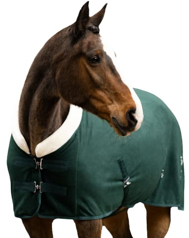 EQUILYX® Abschwitzdecke Pferd mit Teddy-Kragen und abnehmbaren Kreuzgurten [perfekte Passform] Fleecedecke Stalldecke Transportdecke wärmend feuchtigkeitsabsorbierend atmungsaktiv (Opalgrün, 125cm)
