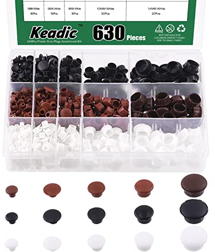 Keadic 630 Pcs 5 Sizes Plastic Plugs Hole Assortment Set 5/6/8/10/14mm Button Top Flush Type Panel Plugs Fastener Drilling Covers Caps for Chair Bookshelf Cabinet Cupboard Shelves