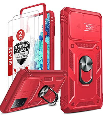 LeYi Objektivschutz Hülle für Samsung Galaxy S20 FE 4G/S20FE 5G [Schutzglas Handyfolie](Nicht S20), Schiebeabdeckung Handyhülle Metallring Schutzhülle Stoßfest Case Ständer Handy Hüllen Cover Rot