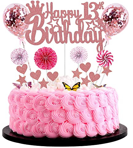 'Happy 13th Birthday' Tortendeko für Mädchen 13. Geburtstag 'Hello 13' Tortenschmuck Rosegold Tortendeko 13 Jahre Glitter Mädchen