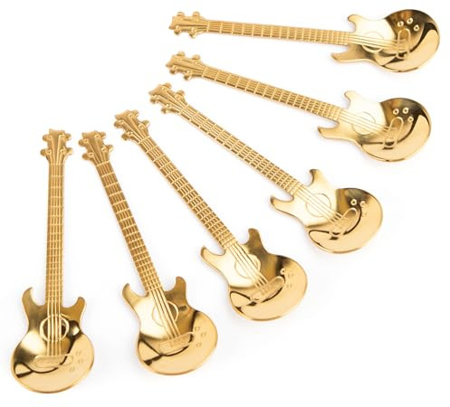 AUEAR, 6 Pack Guitar Spoons Stainless Steel Coffee Spoon Demitasse Espresso Musical Teaspoon for Stirring Mixing Dessert Ice Cream Tea Cake (Gold)