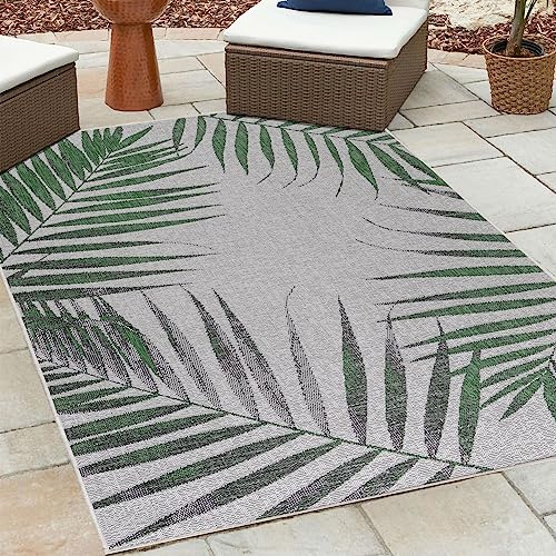 HomebyHome Outdoor Läufer Wetterfest 80x150 cm Sisal Optik Palmen Design Läufer Grün - Balkon Teppich Wasserfest Küchenläufer - Für Garten, Terasse, Camping, Außenbereich Teppich