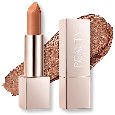Beauty Searcher Metallic Lippenstift 3D Shine Finish Moisture Lippenstift Lippenstifte Feuchtigkeitsspendendes No-Stick Cup Lip Makeup, Lang anhaltender wasserfester glänzender Lippenstift(Nude Gold)