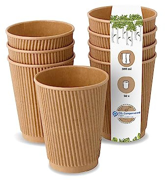 BIOZOYG 50 Stück Kaffeebecher isolierte Pappbecher 300ml / 12 oz Ø 90 mm braun - geriffelt plastikfrei nachhaltige Materialien - Einwegbecher Glühweinbecher