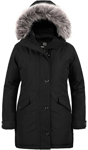 Wantdo Dunjacka Kvinnor Vinterkappa Varm Utomhus Parka Vindtät Jacka Med Huva Avtagbar Päls För Casual Arbete Promenad, Svart, 40/42