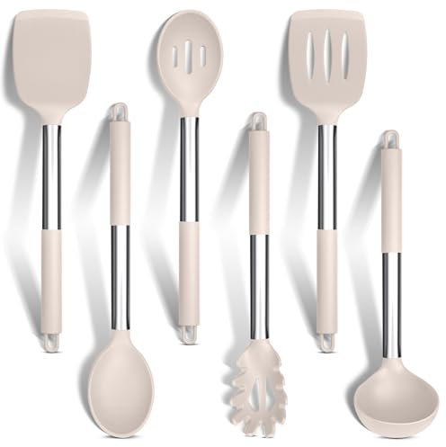 HaWare Kitchen Utensils Set, 6 Pcs Silicone Cooking Utensils with Stainless Steel Handle, Heat Resistant Kitchen Tools for Non-Stick Cookware, Ladle Turner Spoon Pasta Server, Dishwasher Safe - Khaki