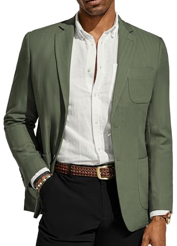 PJ Paul Jones Chaqueta Tipo Blazer para Hombre, de algodón y Lino, Ajuste Regular, con Dos Botones, diseño de Espiga, Verde, Medium