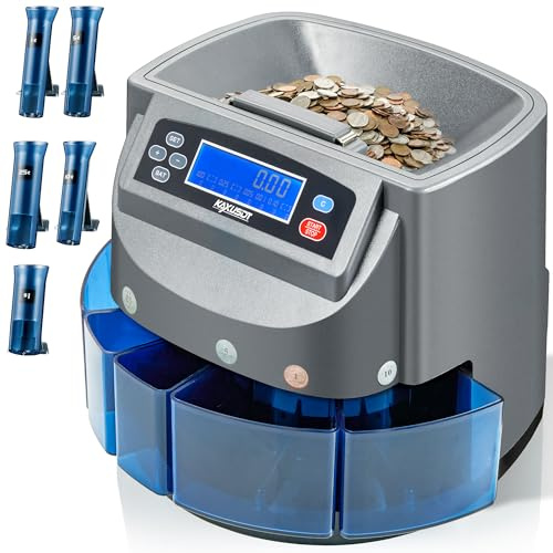 Professional USD Coin Counter & Coin Sorter Wrapper Machine, Electric Change Counter with LCD Display, Automatic Coin Roller Machine for Five U.S. Coins, Sorts 270 Coins/Min, 500 Coins Capacity