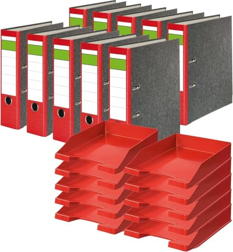 Papiertiger Ordner Nature mit farbigem Rücken aus Graukaton im Wolkenmamor Design, Rückenschild klassisch grüner Balken (Nature | Bundle mit Ablagen, Rot, 10 Stück | 8cm Breit)