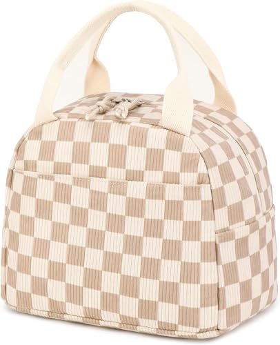 BLUBOON Lunch Box for Women Insulated Lunch Bag Kids Cute Lunch Tote Bags Reusable Cooler for Work Picnic Travel (Checkered Brown White)