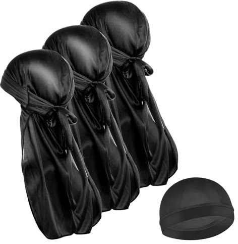 Sibba Silky Durags Für Männer Und Frauen 3 Stück 360 Wellen Mit 1 Wellenkappe Turban Mit Langem Schwanz Kopfbedeckung Elastische Durags Weich Atmungsaktiv Wellenkappen Für Männer Frauen