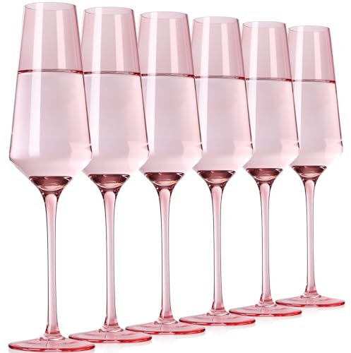 TrophyToast Pink Champagne Flutes Glass set of 6-8oz Champagne Glasses- Stemmed Coupes Reusable - Colored Champagne Glasses For For Birthday Party Wedding Anniversary-Mothers Day Gifts