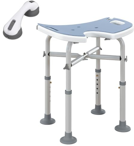 HOMCOM Height Adjustable Shower Stool, Suction Grab Rail, Light Blue | Aluminium Shower Chair, U-Shaped Padded Seat, Non-Slip Bath Stool, for Elderly, Disabled, Seniors, Pregnant