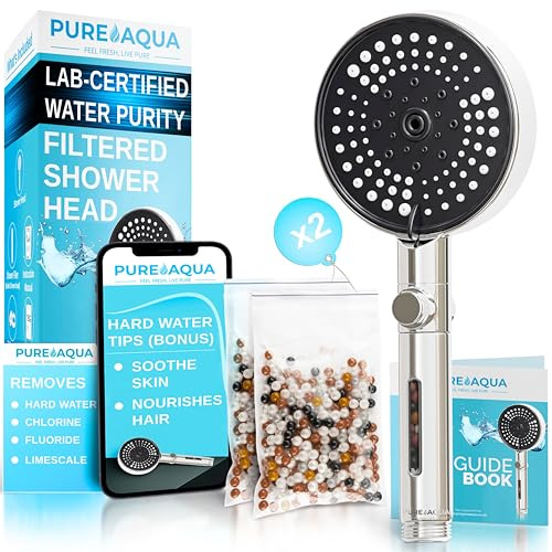 PUREAQUA 5 Stage Filtered Shower Head (X2 Power - Higher Filtration) | Shower Filter Hard Water UK (Soothe Skin & Hair) | 3 Lux Spray Settings | High Pressure Shower Heads | Water Softener Shower Head