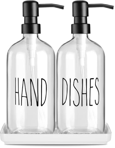 Glass Soap Dispenser Set: Modern Kitchen Hand and Dish Soap Dispenser Set of 2 with Ceramic Tray Bathroom Glass Bottle,for Shampoo, Conditioner, Hand Wash, Liquid Toiletries - BPA Free (Clear)