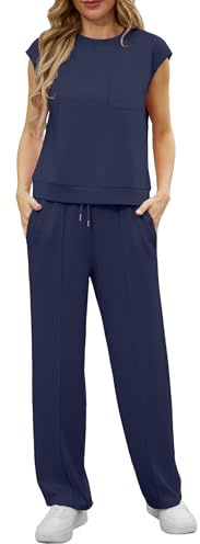 GRECERELLE Zweiteiler Trainingsanzug Damen Sommer Outfits Tracksuit Kurzarm Lässige Crew Neck Cap Sleeve Tops und Jogginghosen Trainingsanzüge mit Taschen