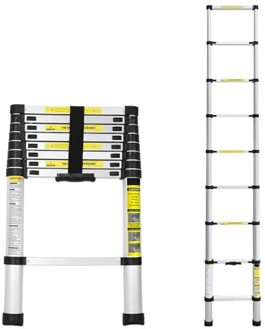 Cecaylie Échelle télescopique de 2,6 m - en Aluminium - Extensible - avec Pieds antidérapants - Multifonction - pour Grenier - Portable - Charge maximale : 150 kg