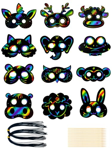 24pcs Tier Masken Kratzbilder für Kinder, Scratch Crafts Kinder Set mit Bändern Kratzstift, DIY Handwerk Masken zum Basteln für Geschenk Kindergeburtstag Spiele Party Mitgebsel Fasching Deko