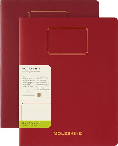 Moleskine Student Cahier Journal, Set 2 Quaderni per Appunti con Pagine Bianche Staccabili, Copertina in Cartone e Adesivi, Colore Rosso, Formato XXL 21,6 x 27,9 cm