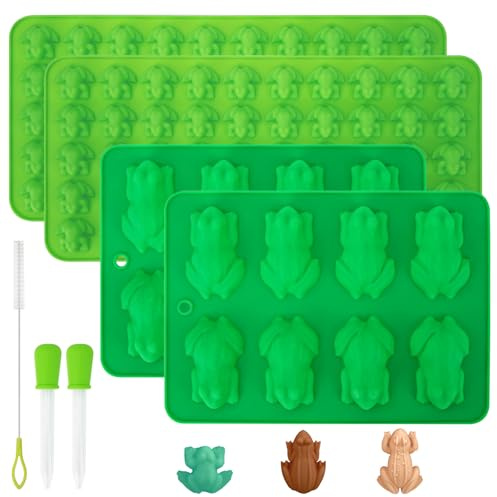 WATUNID Lot de 4 moules à chocolat en forme de grenouille en silicone avec 2 compte-gouttes et pinceau, moules en caoutchouc pour anniversaire, fête magique, séjour de Pesach, cuisine d'Halloween