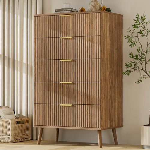 LYNSOM Fluted 5 Drawers Dresser, 45 Tall Modern Chest of Drawers with Curved Profile Design and Metal Handle, Wood Drawer Organizer for Bedroom, Living Room, Hallway, Entryway, Walnut