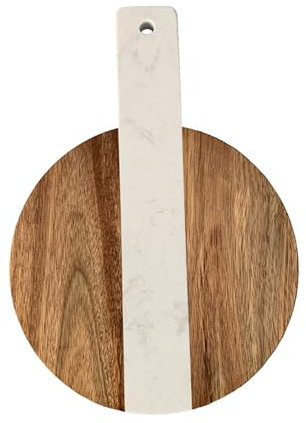 WDSOPK Tabla De Cortar Redonda De Madera De Mármol, 22 Cm, 8,6/10,5, De Acacia Y Mármol Blanco, con Orificio para Colgar, Ideal para Picar Y Charcutería, Queso, Pan Y Carne.(White-26.8Cm)