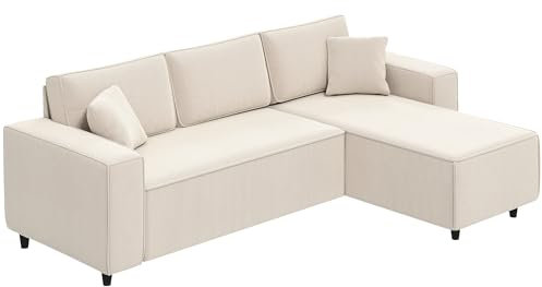 HOMCOM Ecksofa 3-Sitzer Sofa in L-Form Eckcouch mit Umkehrbarer Chaiselongue 2 Kissen Federpolster, Polsterecke aus Cordstoff Wohnlandschaft für Wohnzimmer Schlafzimmer 241x153x83 cm Cremeweiß