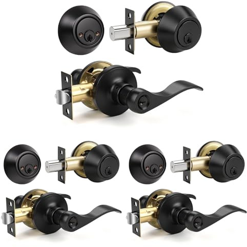 Knobonly 3 Set Entry Door Lever and Deadbolt Lock Set, Deadbolts Keyed Both Sides, All Keyed Same, Wave Style Front and Exterior Door Handleset with Double Cylinder, Matte Black Finish