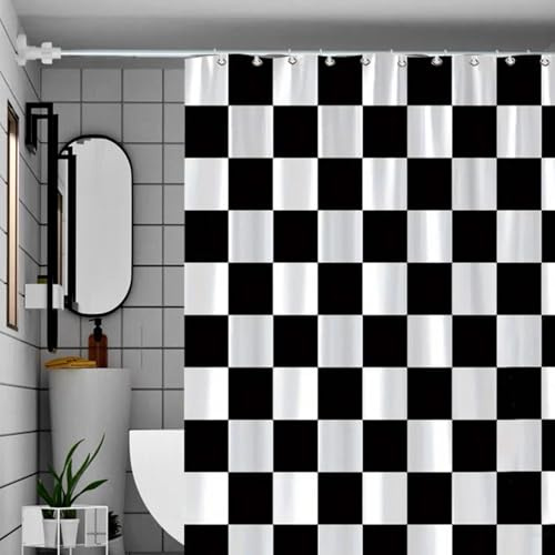 Cortina de ducha a cuadros de 180 x 180 cm, cortina de baño retro con tablero de ajedrez de poliéster, cortina textil antimoho, impermeable, de secado rápido, lavable para bañera con 12 ganchos