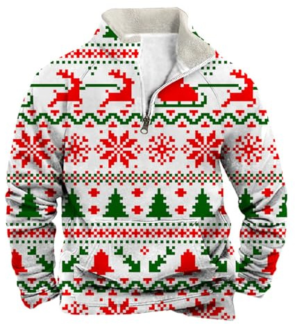 Generisch Pullover pour Homme - Sweatshirts à Manches Longues - Pull de Noël Imprimé Décontracté - Col en Velours - Manches Longues - Col Montant - Sweatshirt Masculin, Blanc., L
