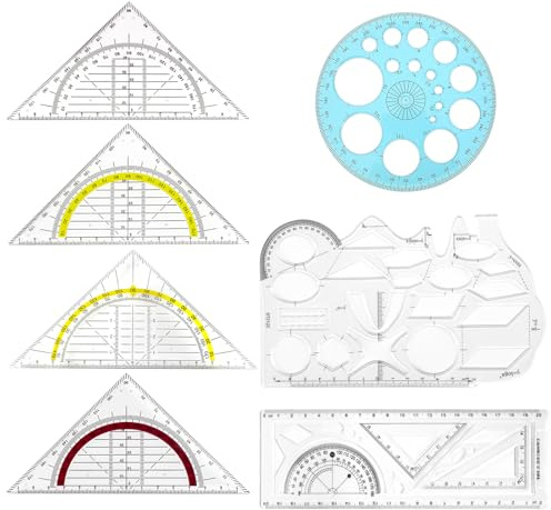 Set da 7 Pezzi di Righello Triangolare, Squadrette Nautiche, Goniometro, Triangolo Geometrico, Adatto per Ufficio, Designer, Studenti, Disegno