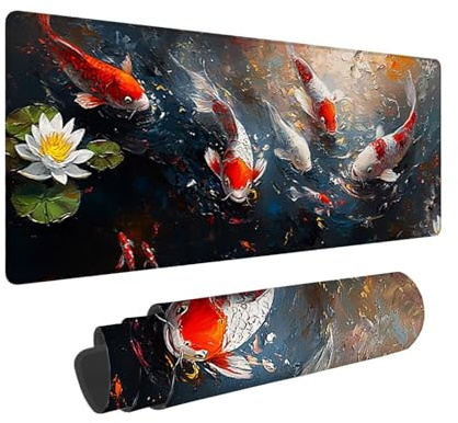 Spelmusmatta/stor musmatta 800 x 300 x 3 mm | XXL musmatta | skrivbordsmatta | Förbättrad precision och hastighet | Gummibas för stabilt grepp på släta ytor | Bordsdyna, 80 x 30 cm (koi-fisk) h-433