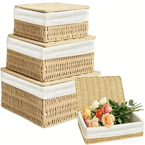 GYHWOFUL 3er Set Aufbewahrungskorb mit Deckel – Geflochtener Korb aus Papierseil mit Metallrahmen & Futter, 3 Größen Körbchen, Boho Aufbewahrung für Badezimmer, Wickelkommode, Organizer & Deko