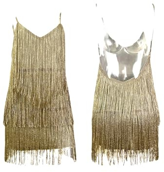 Generiska paljetter för kvinnor klänning glitter damer fest, spagettiremmar miniklänning v-ringad paljettklänning glitter paljetter fransklänning sexig halterneck klänning, Guld, M