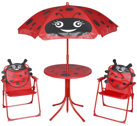 Tonture Ensemble bistro de jardin 3 pièces pour enfants avec parasol et chaises pliantes, cadre en acier, pour extérieur, balcon, terrasse - Rouge