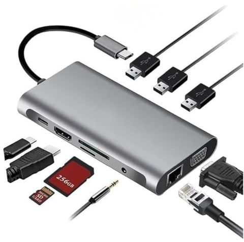 HUB USB C, Adaptateur 10 en 1 avec 4K-HDMI, VGA, USB 3.0, Type C, Port PD, Ethernet RJ45 gigabit, Lecture Carte SD/TF, AUX 3,5 mm Audio, Compatible avec MacBook Pro/Air, Plus de Périphériques Type C