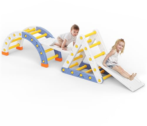7-in-1 Montessori Kletterdreieck mit Kissen – Holz Kletterspielzeug für Kleinkinder 1-3 Jahre – Indoor Kletterbogen mit Rutsche, Leiter & Spielbogen (Blue)