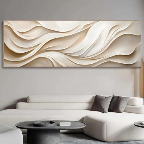 GOSRD Leinwanddruck, minimalistisches abstraktes Wellen-Wandbild, Wabi-Sabi-Wohnzimmerdekor, beige-weiße neutrale Töne (40 x 120 cm)