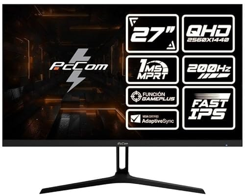 PcCom Elysium Pro Monitor Gaming 27 Pulgadas QHD 2560x1440 Fast IPS 200Hz 1ms MPRT AdaptiveSync HDR, HDMI 2.1, DisplayPort 1.4, Compatible VESA para PC y Consolas
