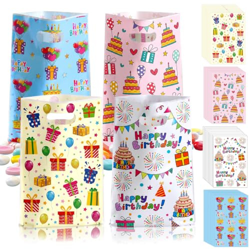 50 Stück Geschenktüten Kindergeburtstag, Geburtstagstüten Mitgebsel Kinder | 4 Designs Tüten Kindergeburtstag, 25 x 16.5 cm Geburtstagsgeschenktüten Partytüten, Geschenk Bunt, Candy Tüten Mädchen Jungen
