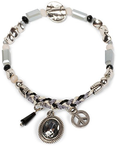 styleBREAKER Armband mit Perlen, Charm Anhänger und Flechtung, Peace, Schmuckstein, Gummizug, Stretcharmband, Schmuck, Damen 05040142, Farbe:Grau-Schwarz
