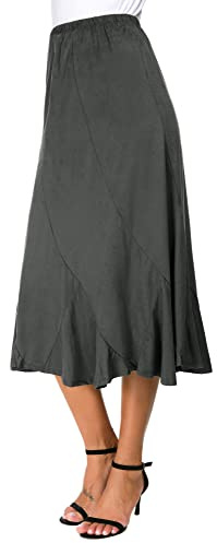 Mujeres Elegante Elástica Alta Cintura Gamuza Midi Falda Casual A Línea Largo Faldas(M, Gris oscuro)