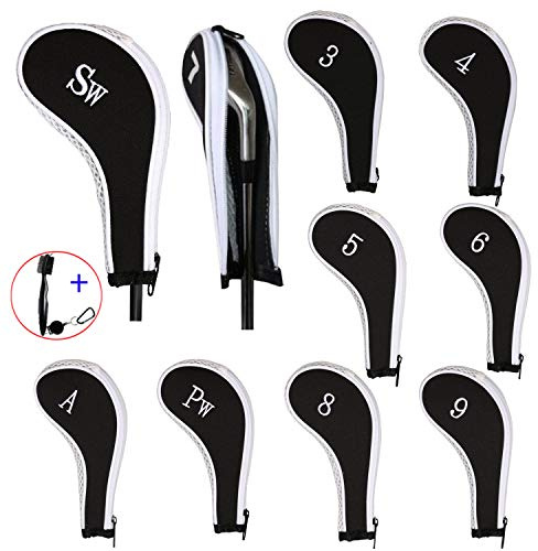 EDATOFLY 10 Stück Schlägerkopfhüllen für Eisen Schlägerhauben Golf Langer Hals mit Anzahl Print und 1 Stück Golf Bürste