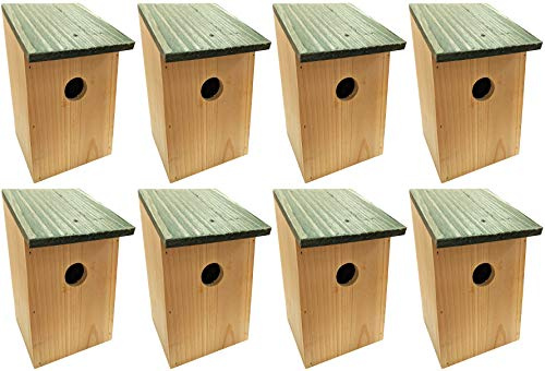 8 x Bird Nesting Boxes – Wooden Nest Houses with Hinged Roof – Birdhouses for UK Gardens & Wild Birds – Tree & Wall Mountable Nest Box