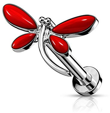 beyoutifulthings Lippen-Piercing Rote Libelle Silber Piercing-s Lippe Labret Stecker Chirurgenstahl Schraub-Verschluss Stab 6/8 mm
