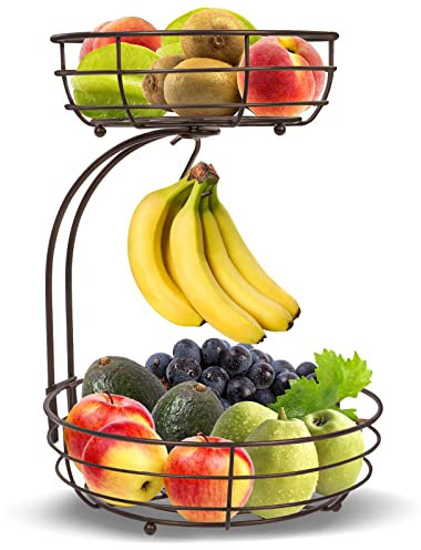 Huahong Cestino per Frutta a 2 Ripiani Con Porta Banana, per Verdura, in Metallo, per Tutti i Giorni, per la Cucina, in Bronzo