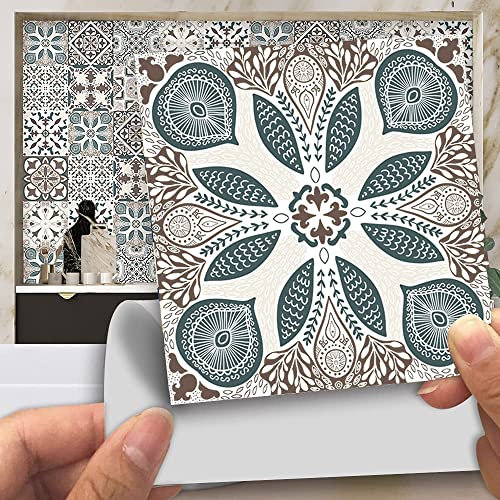 20pcs Vintage Victorian Tile Stickers, Kitchen Bathroom Wall Tile Stickers Peel and Stick on Tile Transfers Covers Decals Self Adhesive Vinyl Waterproof Beige Moroccan Mosaic (15cm x 15cm, 6x6 inches)